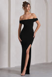 Law of Attraction Black Bardot Draped Split Maxi Dress