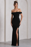 Law of Attraction Black Bardot Draped Split Maxi Dress