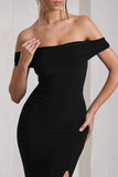 Law of Attraction Black Bardot Draped Split Maxi Dress