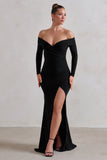 One Moment Black Bardot Wrap Ruched Split Maxi Dress