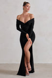 One Moment Black Bardot Wrap Ruched Split Maxi Dress