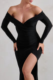 One Moment Black Bardot Wrap Ruched Split Maxi Dress