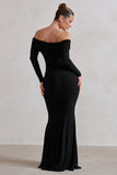 One Moment Black Bardot Wrap Ruched Split Maxi Dress
