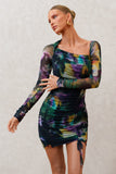 Aphrodite Watercolour Print Asymmetric Ruched Side Mini Dress