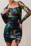Aphrodite Watercolour Print Asymmetric Ruched Side Mini Dress