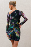 Aphrodite Watercolour Print Asymmetric Ruched Side Mini Dress