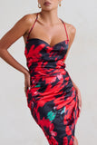 Risk It All Black & Red Floral Print Cami Cowl Neck Asymmetric Hem Dress