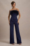 First Class Navy Bandeau Feather Wide Leg Jumpsuit