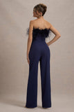 First Class Navy Bandeau Feather Wide Leg Jumpsuit