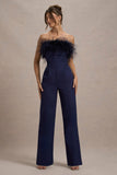 First Class Navy Bandeau Feather Wide Leg Jumpsuit
