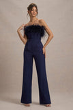 First Class Navy Bandeau Feather Wide Leg Jumpsuit