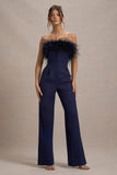 First Class Navy Bandeau Feather Wide Leg Jumpsuit