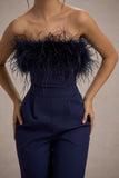 First Class Navy Bandeau Feather Wide Leg Jumpsuit