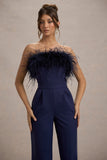 First Class Navy Bandeau Feather Wide Leg Jumpsuit