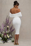 Patiently Waiting White Maternity Ruched Mesh Bardot Midi Dress