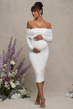 Patiently Waiting White Maternity Ruched Mesh Bardot Midi Dress