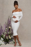Patiently Waiting White Maternity Ruched Mesh Bardot Midi Dress