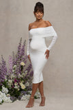 Patiently Waiting White Maternity Ruched Mesh Bardot Midi Dress