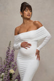 Patiently Waiting White Maternity Ruched Mesh Bardot Midi Dress