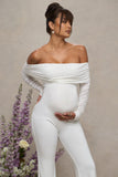 Count Down White Maternity Ruched Mesh Bardot Jumpsuit