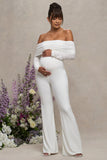 Count Down White Maternity Ruched Mesh Bardot Jumpsuit