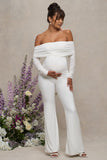 Count Down White Maternity Ruched Mesh Bardot Jumpsuit