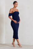 Plus One Navy Ruched Bardot Midi Dress