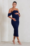 Plus One Navy Ruched Bardot Midi Dress