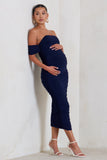 Plus One Navy Ruched Bardot Midi Dress