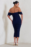 Plus One Navy Ruched Bardot Midi Dress