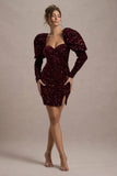 Shine Bright Berry Sequin Mini Dress With Puff Sleeves