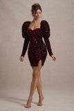Shine Bright Berry Sequin Mini Dress With Puff Sleeves