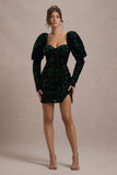 Shine Bright Bottle Green Sequin Mini Dress With Puff Sleeves