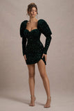 Shine Bright Bottle Green Sequin Mini Dress With Puff Sleeves