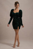 Shine Bright Bottle Green Sequin Mini Dress With Puff Sleeves