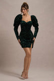 Shine Bright Bottle Green Sequin Mini Dress With Puff Sleeves