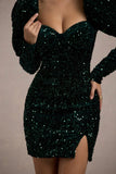 Shine Bright Bottle Green Sequin Mini Dress With Puff Sleeves