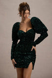 Shine Bright Bottle Green Sequin Mini Dress With Puff Sleeves