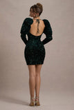 Shine Bright Bottle Green Sequin Mini Dress With Puff Sleeves