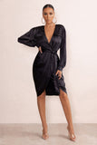 True Romance Black Satin Plunge Neck Midi Dress With Belt Detail