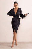 True Romance Black Satin Plunge Neck Midi Dress With Belt Detail