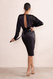 True Romance Black Satin Plunge Neck Midi Dress With Belt Detail