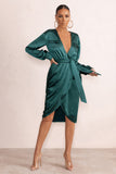 True Romance Bottle Green Satin Plunge Neck Midi Dress With Belt Detail