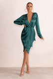 True Romance Bottle Green Satin Plunge Neck Midi Dress With Belt Detail