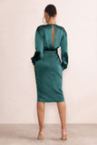 True Romance Bottle Green Satin Plunge Neck Midi Dress With Belt Detail