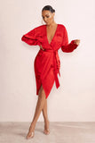 True Romance Red Satin Plunge Neck Midi Dress With Belt Detail