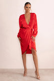 True Romance Red Satin Plunge Neck Midi Dress With Belt Detail