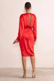 True Romance Red Satin Plunge Neck Midi Dress With Belt Detail