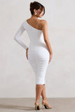 In The Shadows White One Shoulder Midi Dress With Ruching