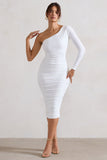 In The Shadows White One Shoulder Midi Dress With Ruching